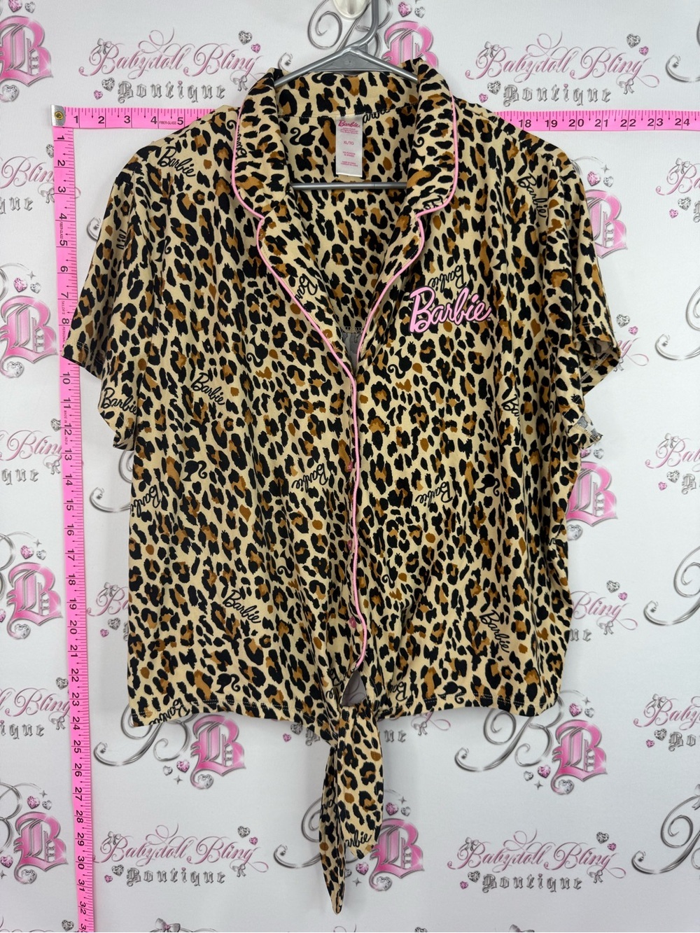 Barbie tshirt tie up bottom Leopard Print Button-Up Top with Pink Trim